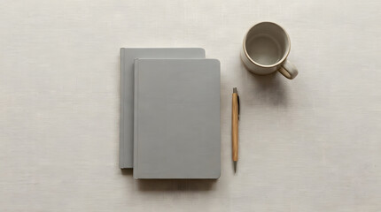 Two grey notebooks with wooden pen and coffee mug.
