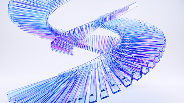 blue and white abstractSpiral glass holographic 3D tape ribbon, graphic circle array effect. Iridescent transparent vortex of geometric square plate shapes on light blue background.