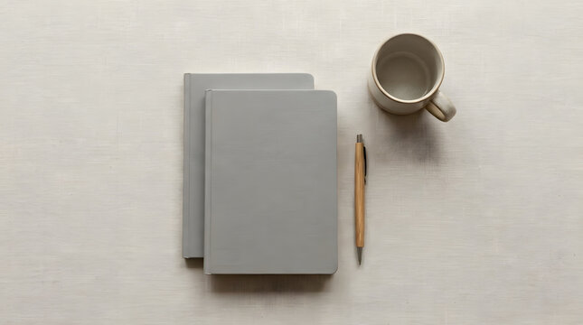 Two grey notebooks with wooden pen and coffee mug.