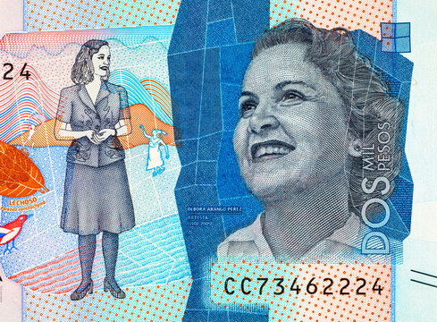 Colombian 2000 Mil Pesos banknote featuring the portrait of artist Debora Arango. Colombian national currency cash.