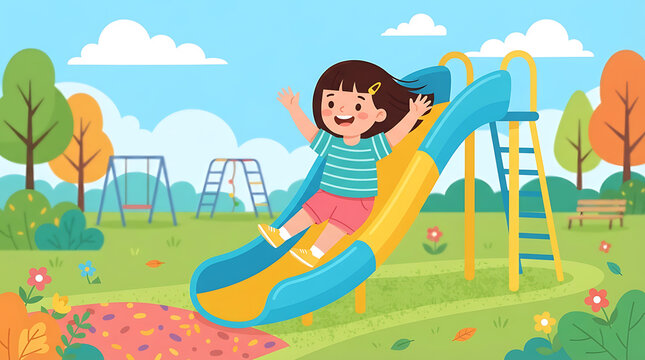 A happy young child with arms raised joyfully sliding down a colorful playground slide on a bright sunny day
