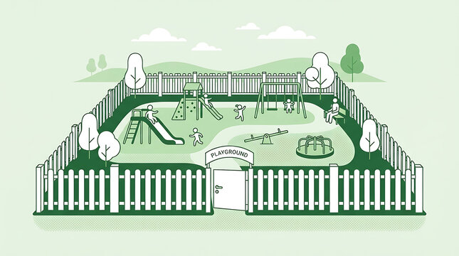 A vibrant playground scene filled with children engaged in various outdoor activities, perfect for illustrating childhood joy and recreation.
