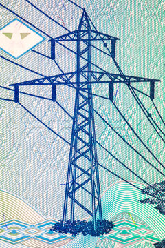 100 Congolese Francs banknote featuring Inga II hydroelectric dam and high-voltage power transmission tower. Currency of the Democratic Republic of the Congo. Money of Africa.