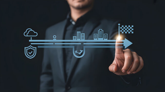 Businessman touching digital screen with data visualization graph and milestones for corporate strategy