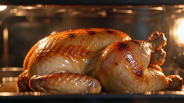 A golden brown whole roasted turkey cooks inside a hot oven with visible steam and heat, perfect for holiday dinner and culinary b-roll.