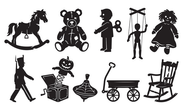 Collection of vintage toy silhouettes featuring a rocking horse, a teddy bear, a wind-up figure, a marionette, a rag doll, a toy soldier, a jack-in-the-box, a spinning and a wagon