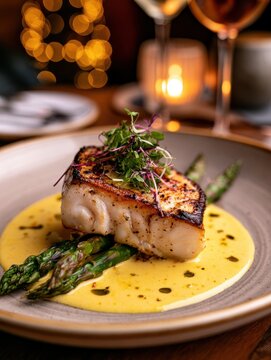 A slice of luxurious monkfish with a saffron-cream sauce, asparagus, and a small microgreens salad