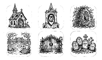 Fototapeta premium Set of hand drawn gothic cemetery elements including old church graveyard gates tombstones and ruined stone structures