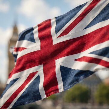Close-up of Waving Union Jack Flag Against Sky Background