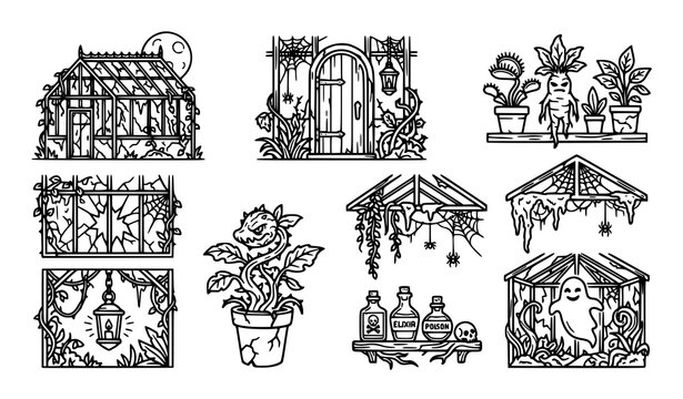 Set of hand drawn spooky greenhouse elements with haunted plants potion bottles and creepy abandoned garden structures