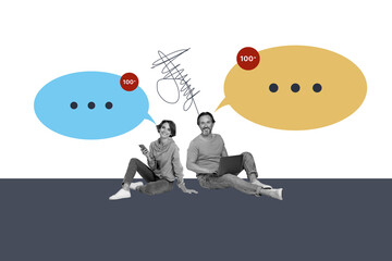 Naklejka premium Trend artwork sketch image photo collage of young man woman sit together smile face hand hold laptop phone speech cloud social media app