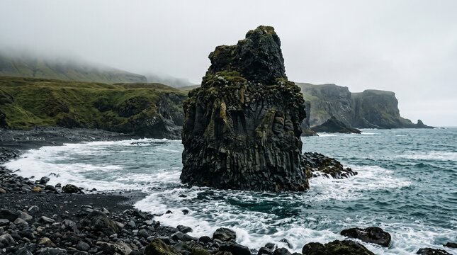 Dramatic basalt sea stack on volcanic black sand beach. Rugged coastal landscape with crashing ocean waves. Moody nordic shoreline scenery.