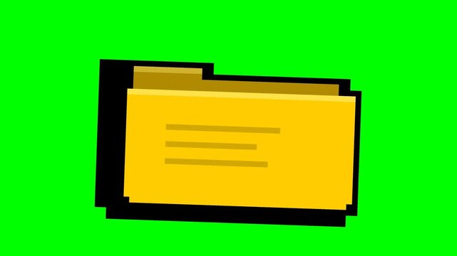 Animation of a retro 8-bit pixel art yellow folder on a green screen. Simulates vintage computer operating systems, data storage, and digital archives