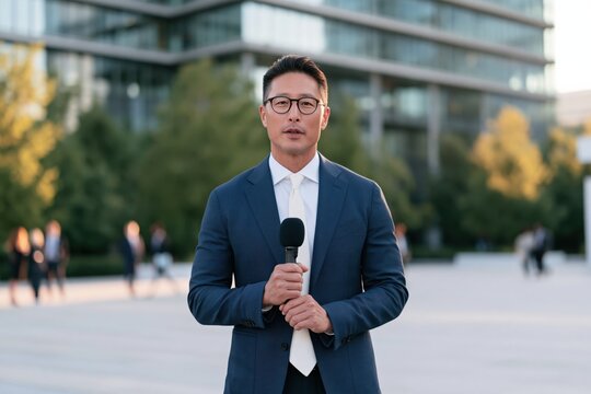 Male news presenter wearing glasses in blue suit holding microphone in urban plaza for broadcast background and news banner design