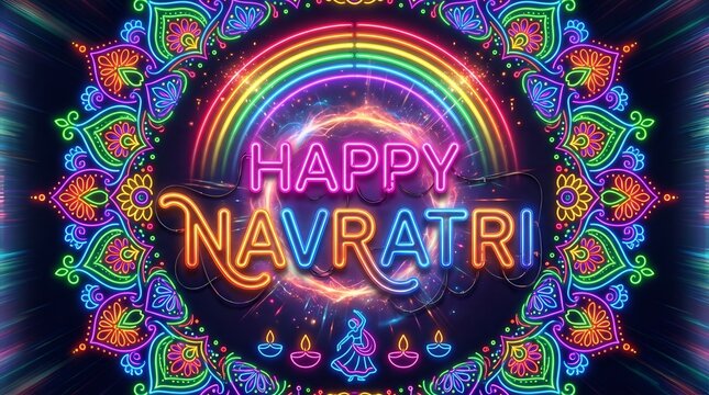 Happy navratri colorful neon text celebration poster with glowing lights and party backdrop navratri festival background colorful celebration