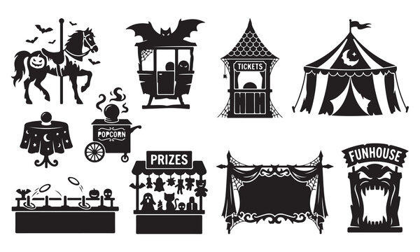 Halloween carnival set featuring a carousel horse, bat-themed ride, ticket booth, circus tent, popcorn cart, ring toss game, prize booth, and a spooky funhouse entrance sign