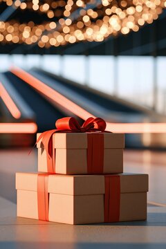 Two stacked gift boxes with red ribbon and bokeh lights for holiday background and festive poster design