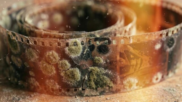 Decaying film strip with moldy spots in olive and green tones - damaged film effect conveying authenticity for presentation visual storytelling