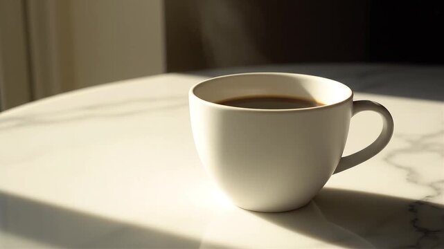 A white ceramic cup filled with hot black coffee sits on a bright table in soft light.