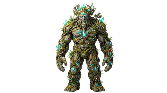 Ancient forest golem with glowing crystals. Mythical stone elemental creature with moss and vines. Fantasy nature guardian character. isolated PNG with Transparent Background