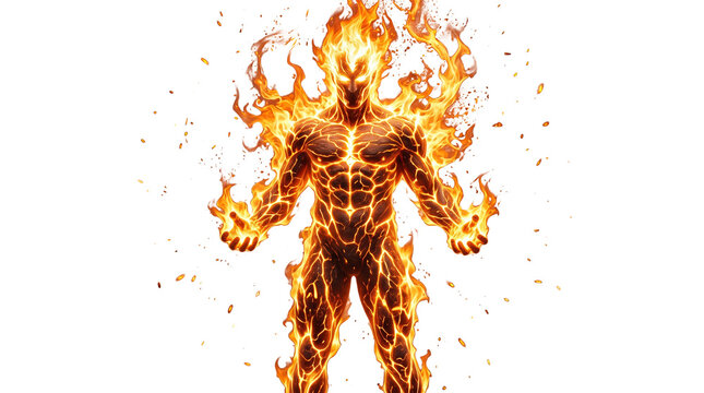 Fiery humanoid entity made of burning flames, powerful fire elemental character, glowing orange lava man with sparks isolated PNG with Transparent Background