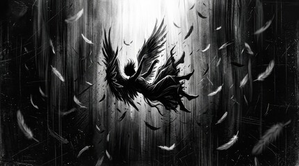 Naklejka premium Dramatic Black and White Illustration of a Falling Angel with Scattered Feathers in a Dark Void
