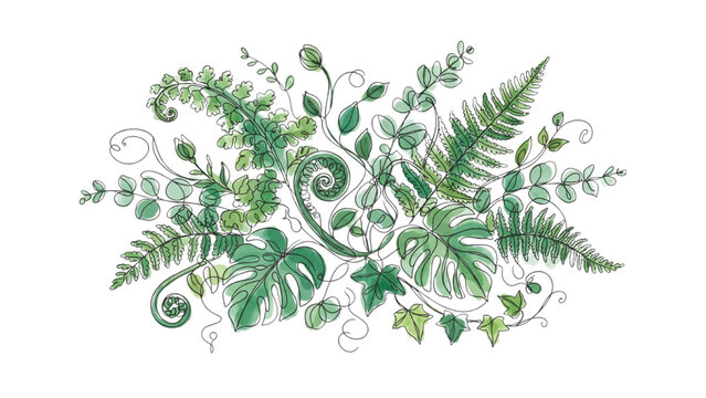 Botanical Green Organic Plant Elements and Fern Fronds Continuous Line Art Vector Set with Color Accents, Isolated on Transparent Background