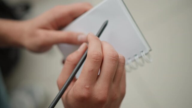 Close up of hands holding small notebook and pen fingers poised to write. person holds open spiral bound book steady while gripping writing instrument suggesting preparation for note taking