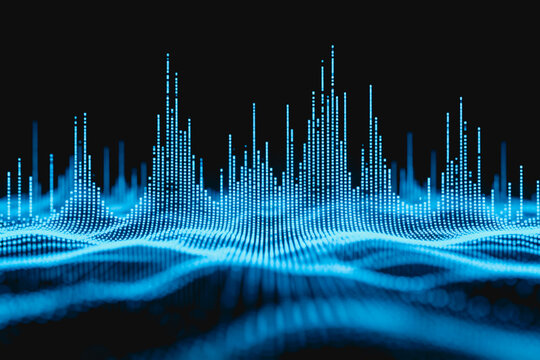 A 3D digital visualization of sound waves made of glowing cyan particles, showing frequency peaks and data patterns against a dark background.