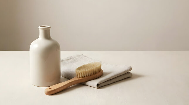White ceramic bottle with body brush and linen.