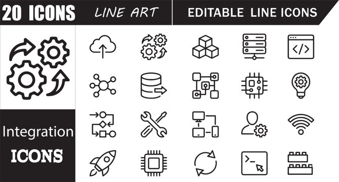 API microservices icons set, 20 editable line art icons set, cloud computing, software architecture, backend development, developer system, connectivity, scalable technology, signs