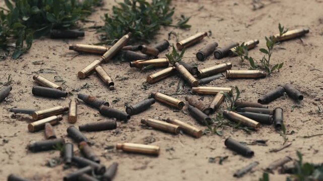 Large number of spent brass cartridge cases scattered across sandy ground after shooting practice at a firing range.