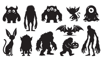 Obraz premium Set of black silhouettes depicting various monsters, creatures, hairy beasts, a one-eyed slime, a bat, and a cat isolated on a white background, for halloween themed projects