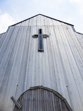 facade of metal church in Spitak town in Armenia