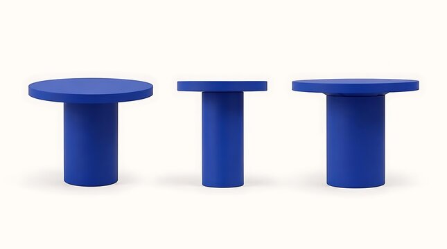 Three blue modern stools arranged in a row against a white background.