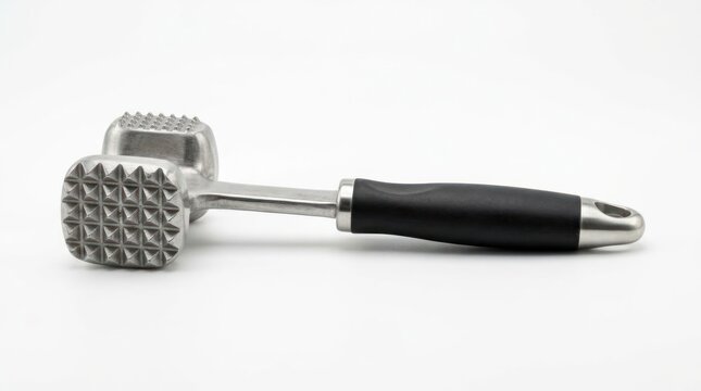 Metal meat tenderizer tool with black handle isolated on white