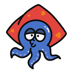 Funny Kissing Cute Blue Squid Cartoon Illustration. © Noppharat