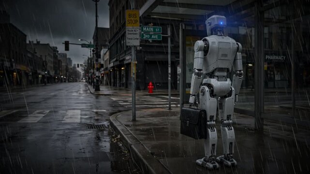 Futuristic robot waiting for a bus in the rain