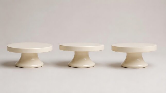 Three empty white cake stands arranged in a row on a neutral background.