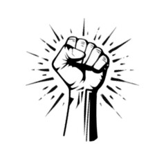 Fototapeta premium Solid Modern Stylized Fist Raised High Breaking through Geometric Constraints Halftone Art on White Background. Retro Pop Art Fist Breaking Barriers Illustration on White Background.