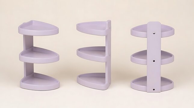 Three lavender corner shelf units displayed from different angles.