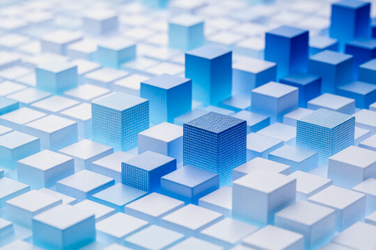 Abstract 3D grid of blue-toned cubes, representing data structure and modern digital concepts in a clean design.