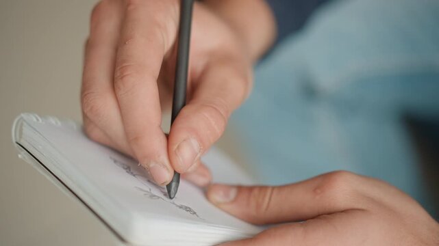 Close up of hand holding and using stylus to draw on paper in soft lighting. subject fingers move steadily over notebook creating fine lines visible as texture detail. Background is blurred