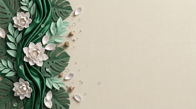 Elegant green tropical leaves and white flowers arrangement on textured