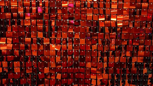 Shimmering red tiles form a dazzling, textured surface. Each square tile reflects light with rich, warm tones. The pattern creates a dynamic, eye-catching visual display