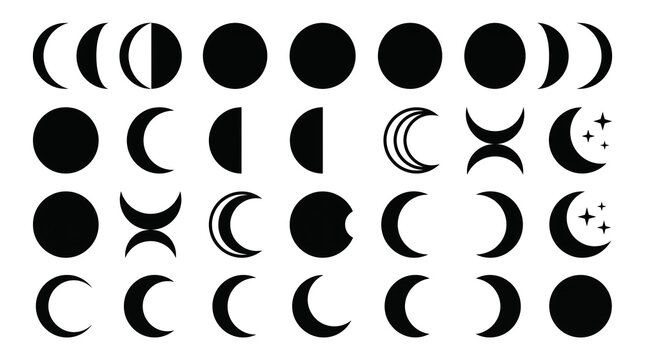 Black and white moon phase icons set.