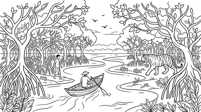 Detailed vector illustration of a tiger walking near a small boat in the lush mangrove forest
