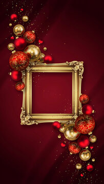 Decorative gold picture frame surrounded by red and gold Christmas baubles on a dark red background