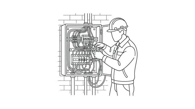 Skilled electrician working on a complex electrical panel in this detailed black and white vector illustration