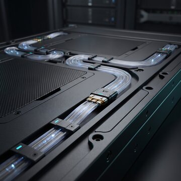 Liquid cooling tubing and components installed inside a modern high performance computer server hardware rack with computer hardware technology